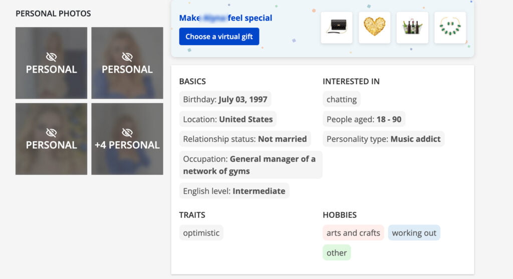 PlaceToChat informative profile sections