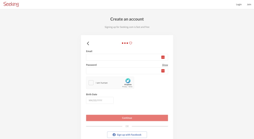 Signing up for Seeking.com