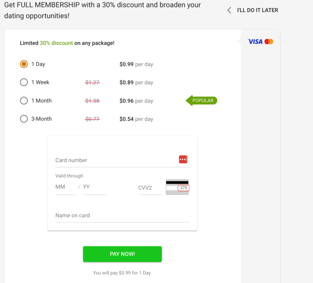 Pricing of Cougar Pour Moi
